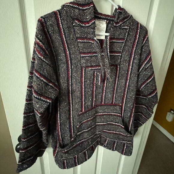 Mexican Baja Hoodie Jacket Beach Outerwear Hippy Boho Gray Red - Picture 2 of 4